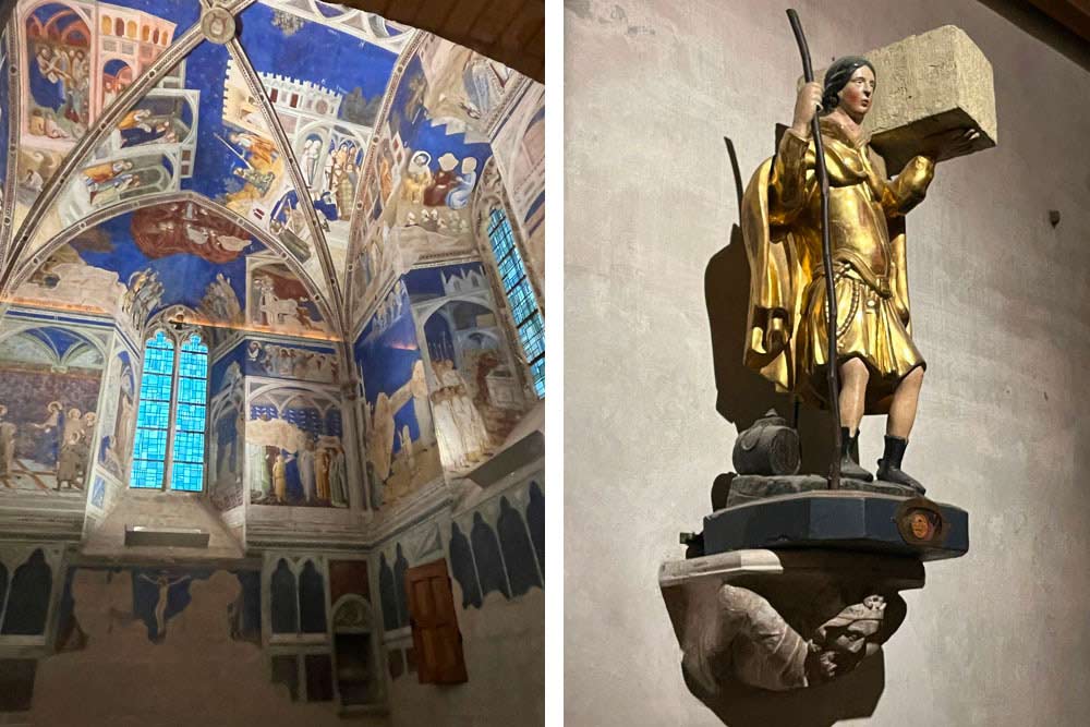 Avignon - Fresque peinte (Palais des Papes) et statue de saint Bénézet (cathédrale)