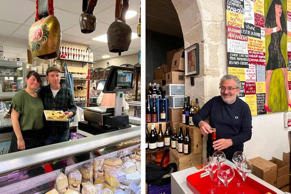 Julien Dubief et la fromagère de la Maison du fromage. A droite, le caviste de Liquid