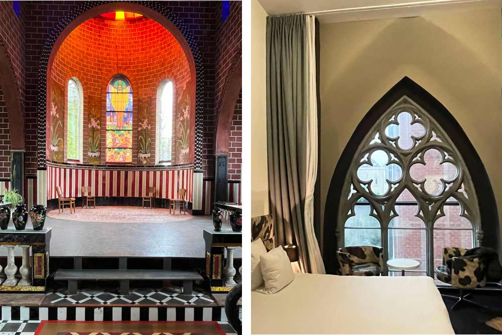 La chapelle de verre (à gauche) et chambre du Martin’s dream hôtel (à droite)