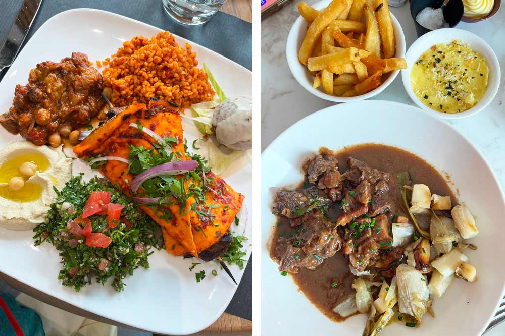Assiette de mezze libanais (Le Vieux Cèdre). A droite, carbonnade (La Table de Jean)