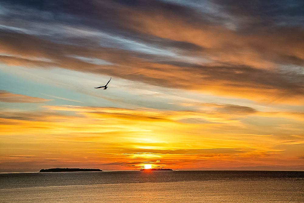 Nord - La douceur et la lumière de la Côte d’Azur s’expriment pleinement au lever du jour à Mandelieu-La Napoule. Au loin, les Îles de Lérins émergent doucement de la Méditerranée.