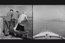 Le Normandie - La journaliste Odette Pannetier s'accoude au bastingage avec des passagers lors de la traversée inaugurale, 30 mai 1935. Et l’arrivée du paquebot Normandie (1935) à New York, 3 juin 1935. Photographe Roger Schall. © Schall Collection.
