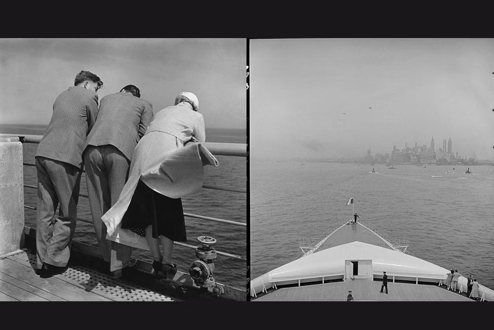 La journaliste Odette Pannetier s'accoude au bastingage avec des passagers lors de la traversée inaugurale, 30 mai 1935. Et l’arrivée du paquebot Normandie (1935) à New York, 3 juin 1935. Photographe Roger Schall. © Schall Collection.