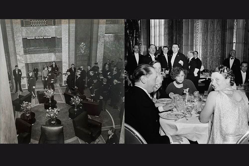 A gauche, le président de la République, Albert Lebrun va présider les fêtes inaugurales de Normandie, Le Havre, 23 mai 1935. A droite, Colette, envoyée à bord par Le Journal, est attablée dans la salle à manger de première classe de Normandie lors du gala offert aux autorités new-yorkaises, 5 juin 1935. Photographe Roger Schall. © Schall Collection.