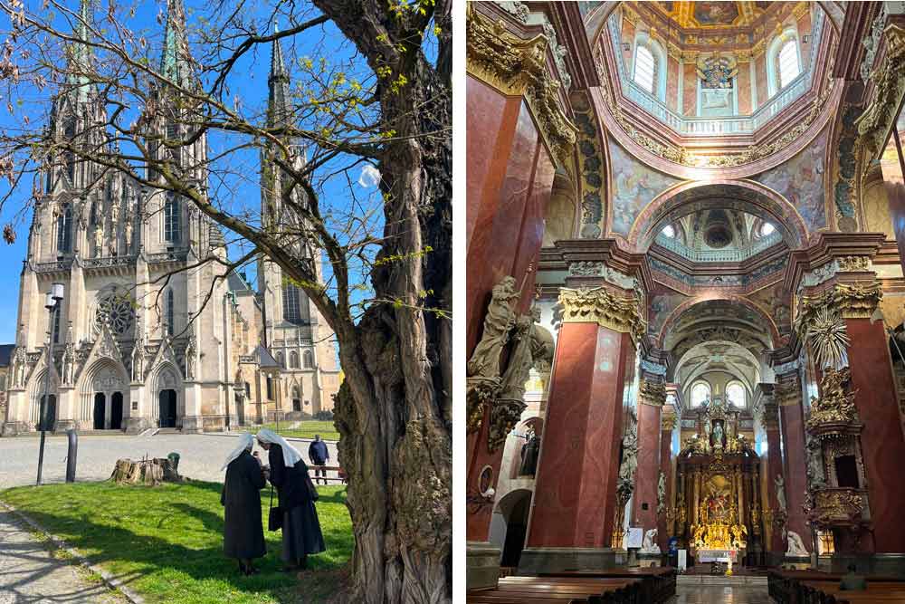 Olomouc - La cathédrale (à gauche) et l’intérieur baroque de l’église Saint-Michel (à droite)