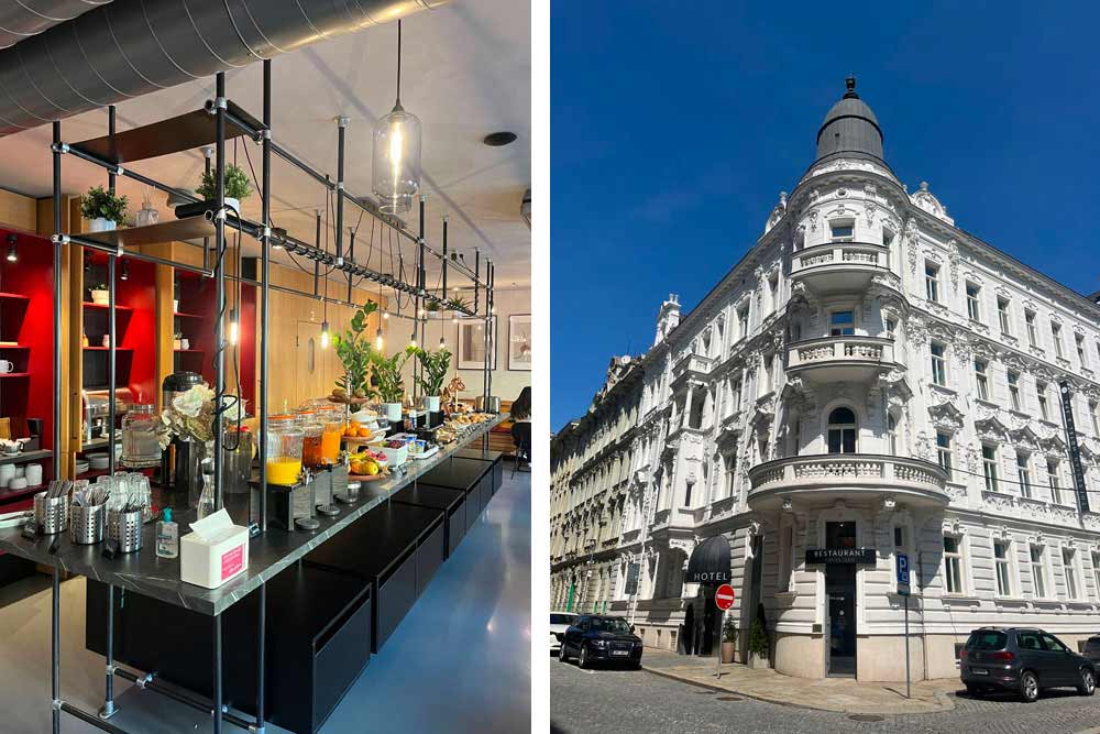 Buffet de petit déjeuner (Miss Sophie’s Downtown). A droite, l’immeuble du Theresian hotel&spa à Olomouc