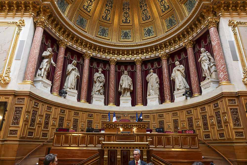 Palais du Luxembourg - Dominant la tribune de la présidence, sept grandes figures de l'histoire de France rappellent les fondements de l'État et du droit. C'est sous leur regard symbolique que les sénateurs débattent et votent les textes qui rythment la vie démocratique du pays.