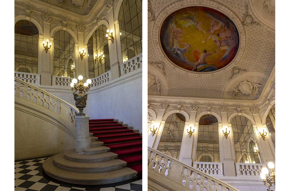 31 marches, une rampe en pierre de Saint-Leu et d’immenses miroirs, symbole de prestige au XVIIIᵉ siècle. Sans oublier sa magnifique coupole peinte par Henri Berteaux.