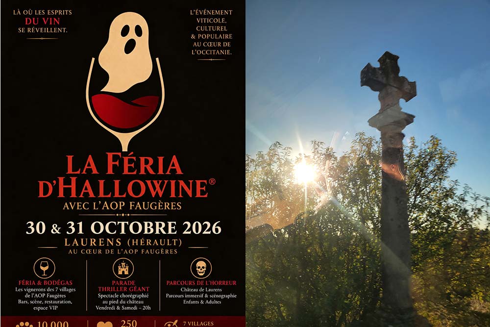 Languedoc - L’affiche de la Féria Hallowine à Laurens, dans l’Hérault. Ce calvaire veille sur les vignobles du Languedoc depuis plusieurs siècles.