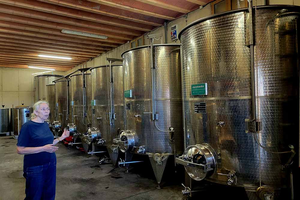 Languedoc - Brigitte Chevalier dans son chai ultramoderne du Domaine de Cébène.