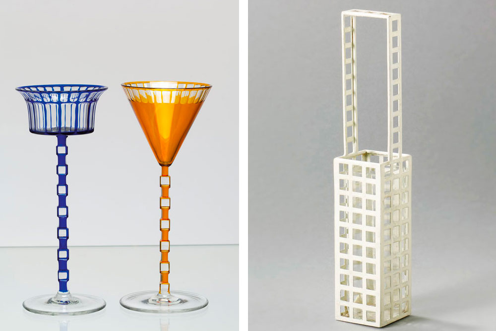 Vienne - Verres à vin d’Otto Prutscher (© Musée Léopold). A droite vase de Josef Hoffmann en métal peint(© MAK Georg Mayer)