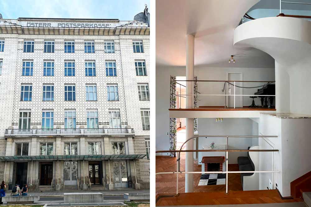 Façade de la Banque postale d’Otto Wagner et à droite, intérieur de la villa Beer