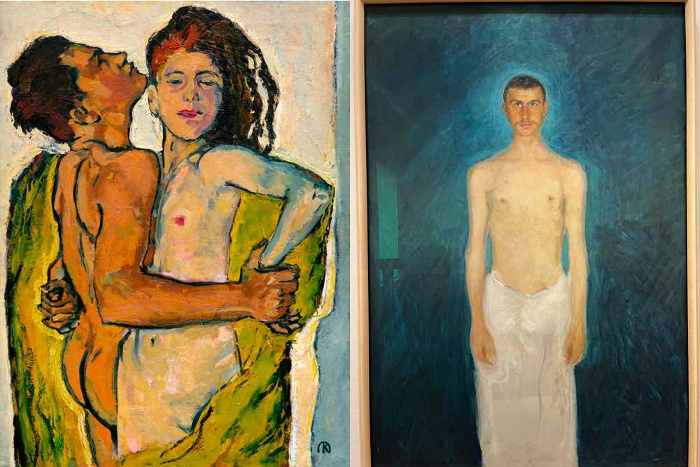 Amoureux par Koloman Moser. A droite, Autoportrait à demi nu par Richard Gerstl