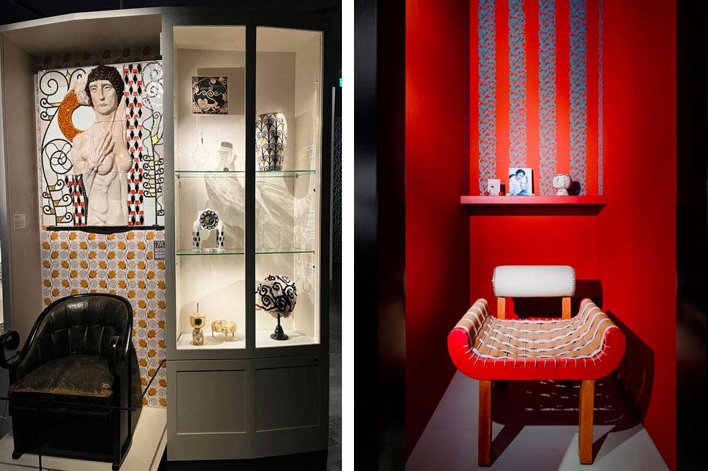 Vitrine sur le thème du noir et blanc. A droite, petit ensemble mobilier