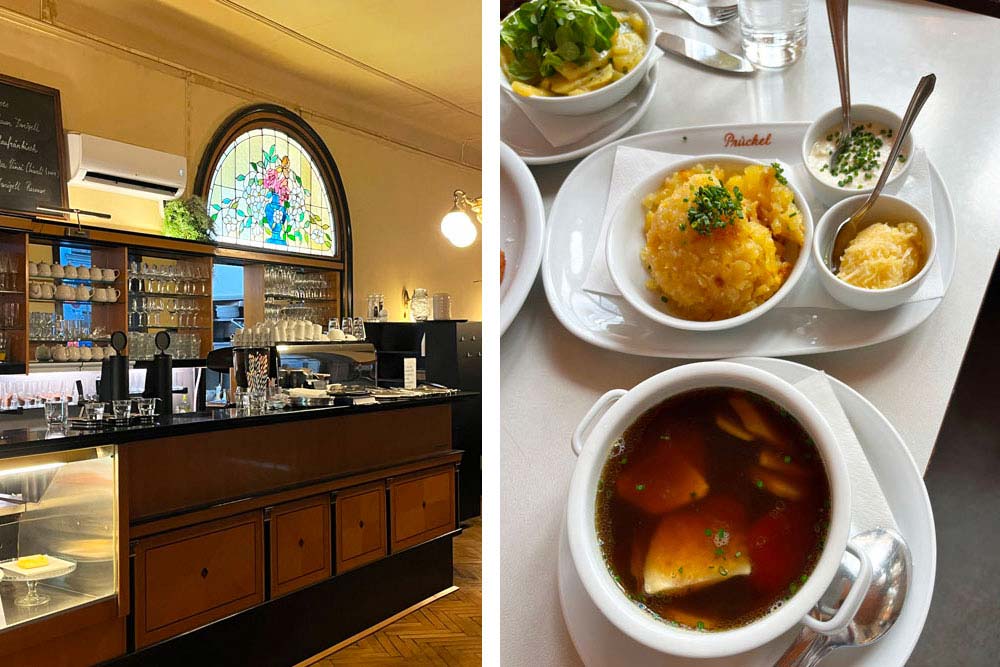 Vienne - Le bar du café Goldegg et à droite, tafelspitz avec pommes de terre hachées et raifort