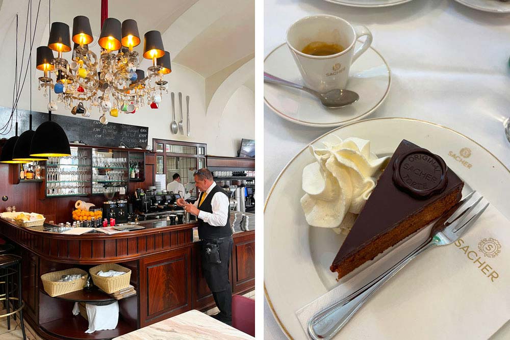 Le bar du café Diglas et son lustre foufou. A droite la fameuse Sachertorte du café Sacher